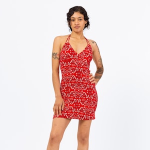 Vintage 90s Red Bandana Print Halter Mini Dress - Small | Western Y2K Festival Dress, Paisley Print Cotton Summer Sundress