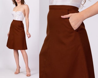 70s Campus Casuals Rust Brown A Line Skirt Extra Small, 24.5" | Vintage High Waisted Knee Length Pocket Midi Skirt