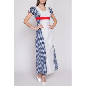 Petite Small 60s Gingham Prairie Maxi Dress Vintage Red White Blue Boho A Line Cottagecore Lace Apron Dress image 3