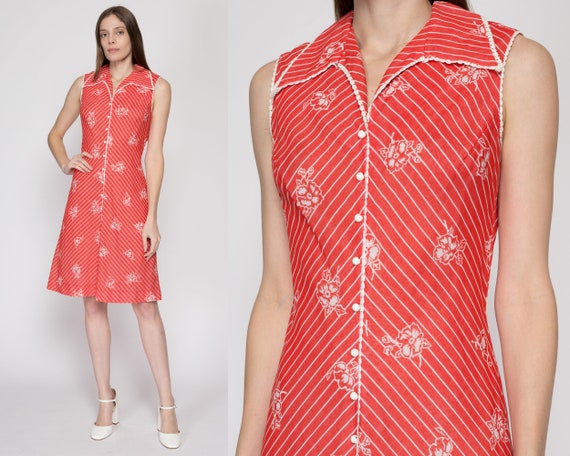 Sm-Med 60s 70s Red Floral A-Line Dress | Vintage … - image 1