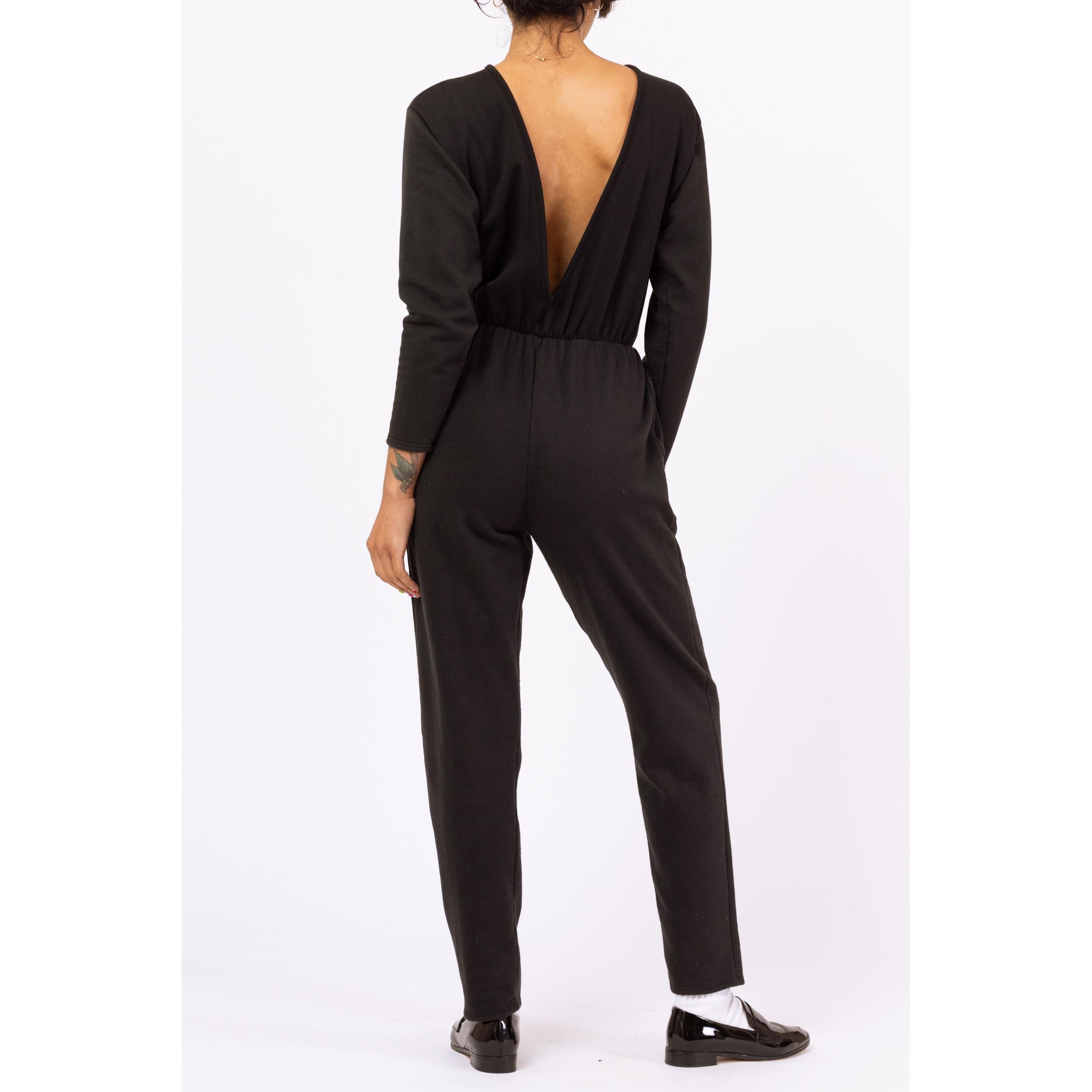 80年代風ヴィンテージ ブラック ディープV ラウンジ ジャンプスーツ