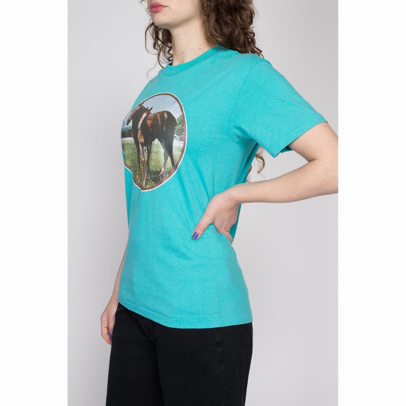Medium 90s Horse Iron-On Graphic T Shirt Vintage Turquoise Blue Mare & Foal Animal Tee image 5