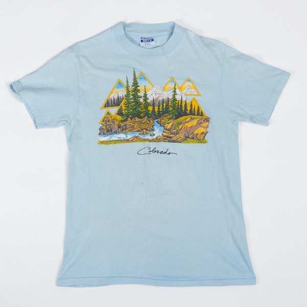 80s Colorado Alpine Graphic T Shirt Men's Small, Women's Medium | Vintage Faded Blue Tourist Tee