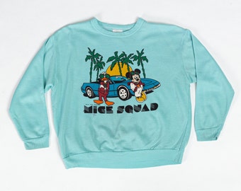 80s Mickey Mouse "Mice Squad" Miami Vice Sweatshirt Women's Medium | Vintage Blue Lightweight Raglan Disney Pullover