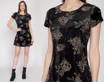 Sm-Med 90s Black Velvet Floral Mini Dress | Vintage Grunge Short Sleeve A Line Little Black Dress