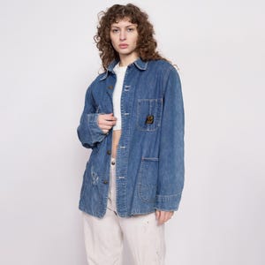1940s Washington Dee Cee Denim Chore Coat - Men&#39;s Medium, Women&#39;s Large | Vintage 40s 50s Sanforized Distressed Workwear Jean Jacket