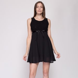 Medium 90s Black Babydoll Party Dress | Vintage Ribbon Trim Flowy Chiffon Mini Dress