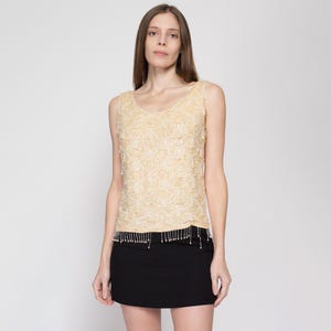 Small 1950s Beaded Fringe Sleeveless Knit Top | Retro Vintage 50s 60s Sequin Tank