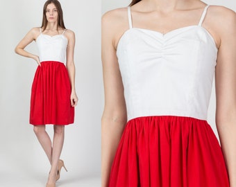 XS 60s Red & White Pocket Day Dress Petite | Vintage Two Tone Spaghetti Strap Mini Sundress