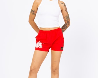 Vintage 90er Jahre Hawaiianische Rote Blumen Surf Shorts - XS bis Petite Small | Mid Rise Damen Badeshorts, Hibiskus Blumen Print Mini Boardshorts
