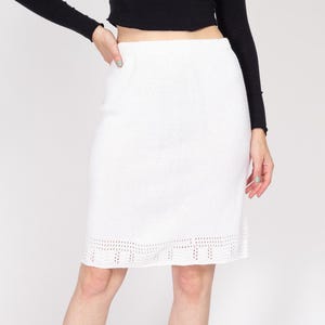 Med-Lrg 90s White Pointelle Knit Mini Skirt | Vintage High Waisted Knee Length Pencil Skirt