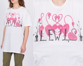 Large Vintage Painted Flamingo T Shirt Unisex | 80s 90s White "Lewis" Graphic Name Tee