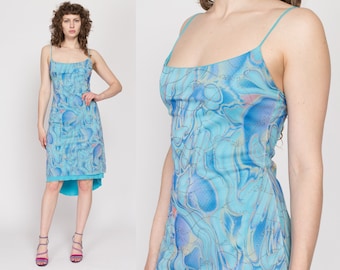 Sm-Med Y2K Blue Metallic Swirl High-Low Party Dress | Vintage Spaghetti Strap Abstract Print Mini Dress