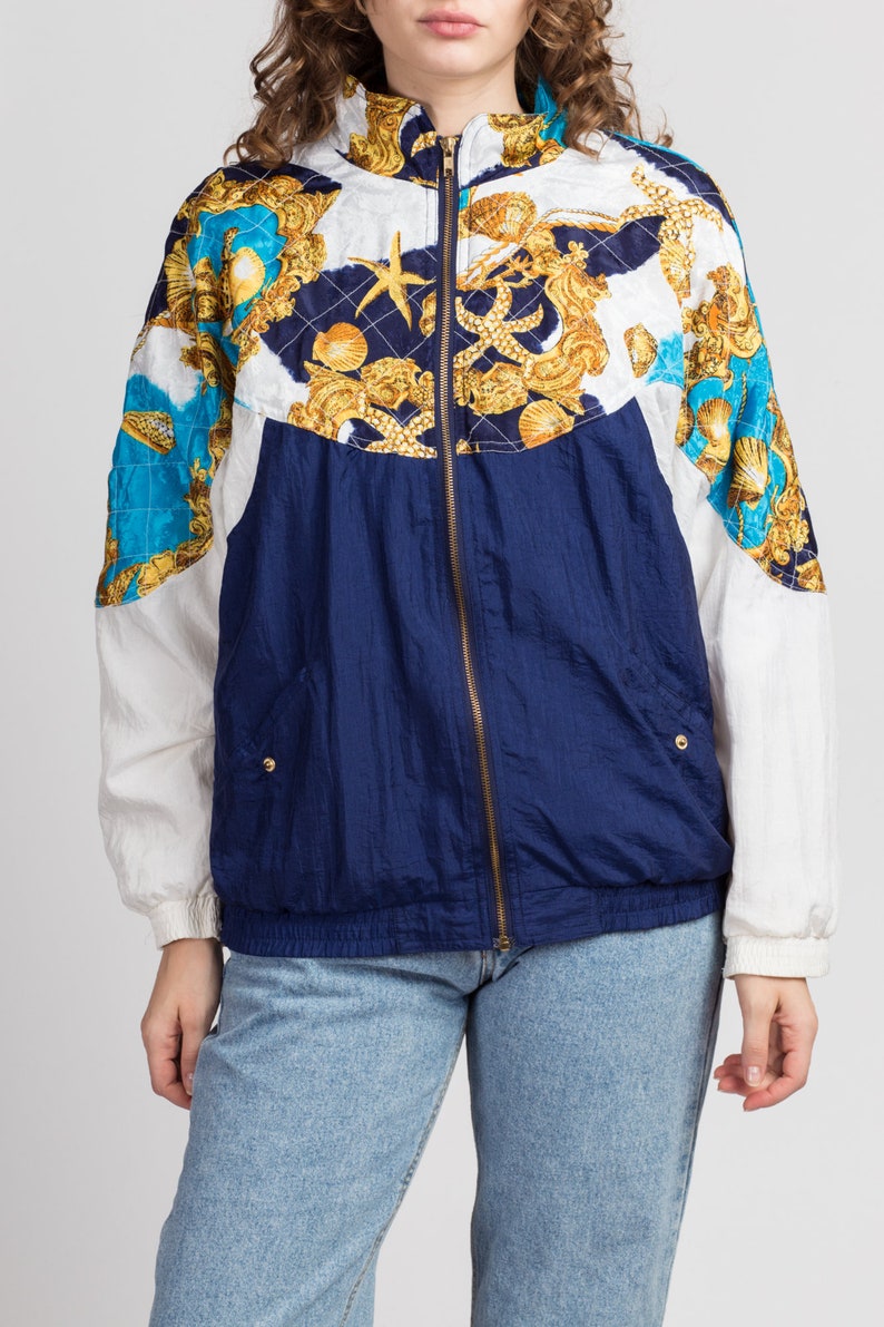 Men/'s Medium Vintage Seashell Starfish Print Lightweight Jacket 80s Baroque Nautical Windbreaker