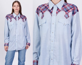 Chemise western Kenny Rogers Karman à bordure écossaise des années 70 pour homme | Haut bleu perlé vintage à empiècement pression et empiècement rockabilly