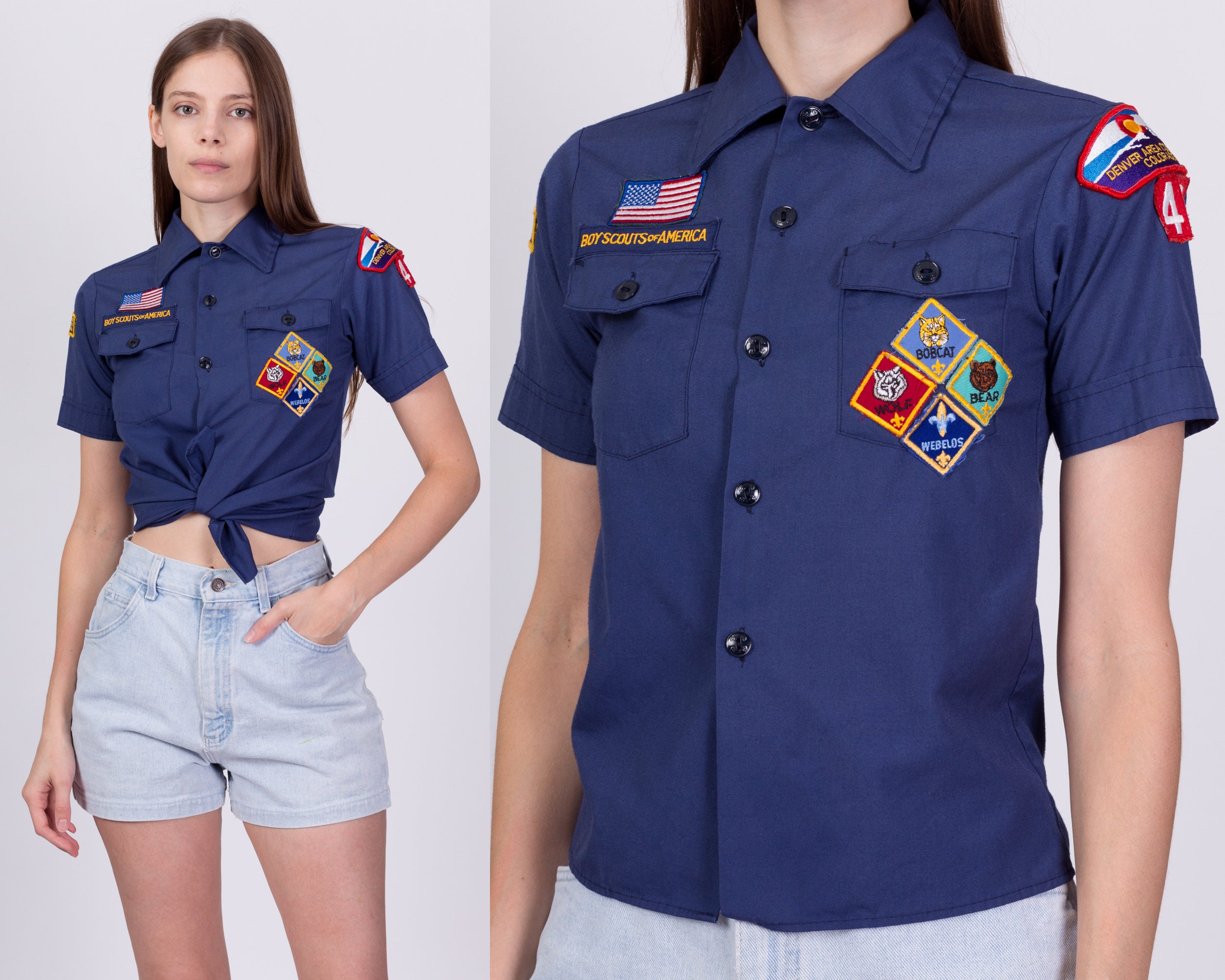 XXS 80er Jahre Pfadfinder Uniform Shirt Petite Vintage Navy Blau