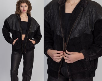 80s Snakeskin Embossed Suede Moto Jacket Medium | Vintage Black Leather Bomber Coat