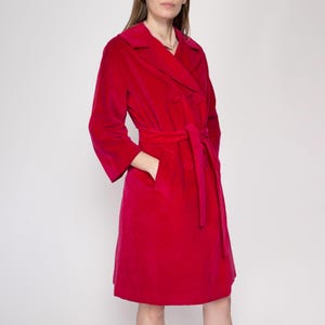 50s 60s Marguerite Rubel Hot Pink Velvet Swing Coat - Medium | Retro Vintage Double Breasted Button Up Belted Midi Jacket