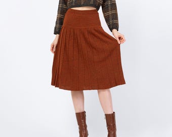 Vintage 90s Burnt Orange Knit Pleated Midi Skirt - Small | High Waisted Marled Knit A Line Minimalist Skirt