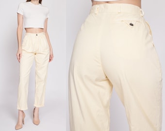 XS 80s Yellow Cotton High Waisted Pants Petite 24" | Vintage Pleated Tapered Leg Cuffed Trousers