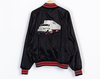 80s Safety Trucking Satin Varsity Jacket Men's XL | Vintage Black Red Striped Logo Windbreaker Coat