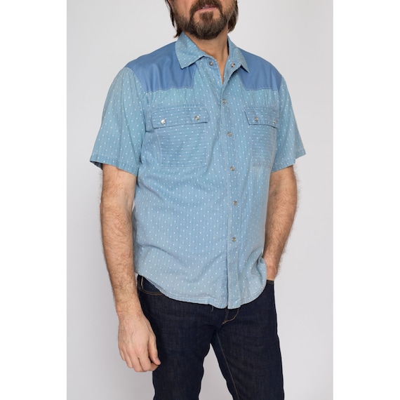 Large 70s Blue Pearl Snap Western Shirt | Vintage… - image 2