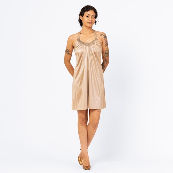Vintage Y2k Cache Liquid Gold Rhinestone Mini Dress