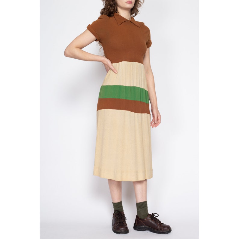 Small 70s Does 40s Color Block Midi Dress Petite Vintage Boho Striped Pointed Collar Jersey Shirtdress image 4