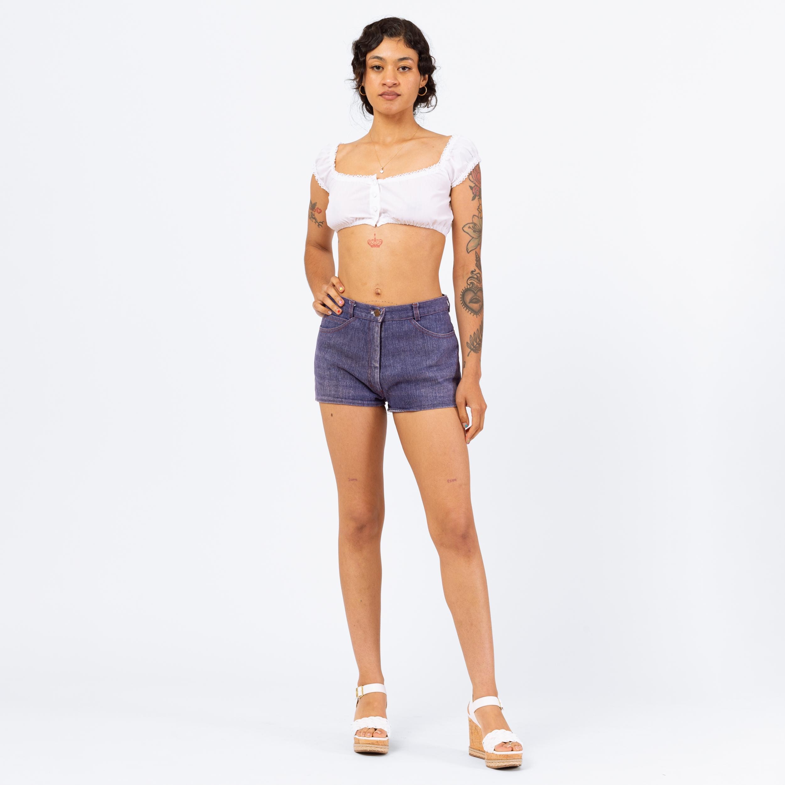 Vintage 70s Chambray Booty Shorts - Medium | Mid Rise Cheeky Denim