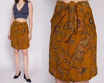 Vintage Silk Floral Paisley Mini Wrap Skirt Medium | 90s Boho Ochre A Line Miniskirt