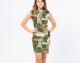 Vintage 60s Green Mod Cheongsam Mini Dress - Petite XXS | Tiki Print High Neck Wiggle Party Dress, Chinese Qipao Dress