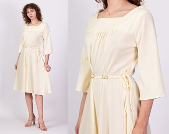 70s Light Yellow Midi Disco Dress Large | Vintage Belted 3/4 Bell Sleeve Retro Dress