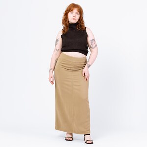 Vintage 90s Minimalist Soft Khaki Maxi Skirt - Large, 33&quot; Waist | High Waisted Long Straight Skirt, Boho Earth Tone Neutral Skirt