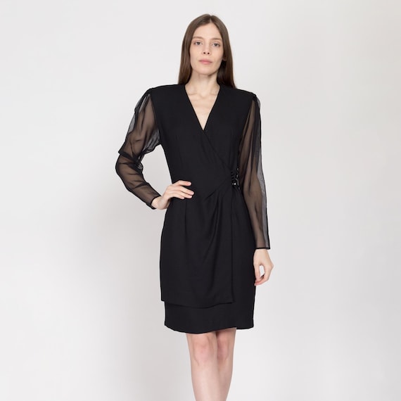 80s Black Sheer Sleeve Secretary Wrap Dress - Medium | Vintage Button Front Long Sleeve Mini Sheath Dress - Etsy Israel 80s Black Sheer Sleeve Secretary Wrap Dress - Medium | Vintage Button Front Long Sleeve Mini Sheath Dress - Etsy Israel