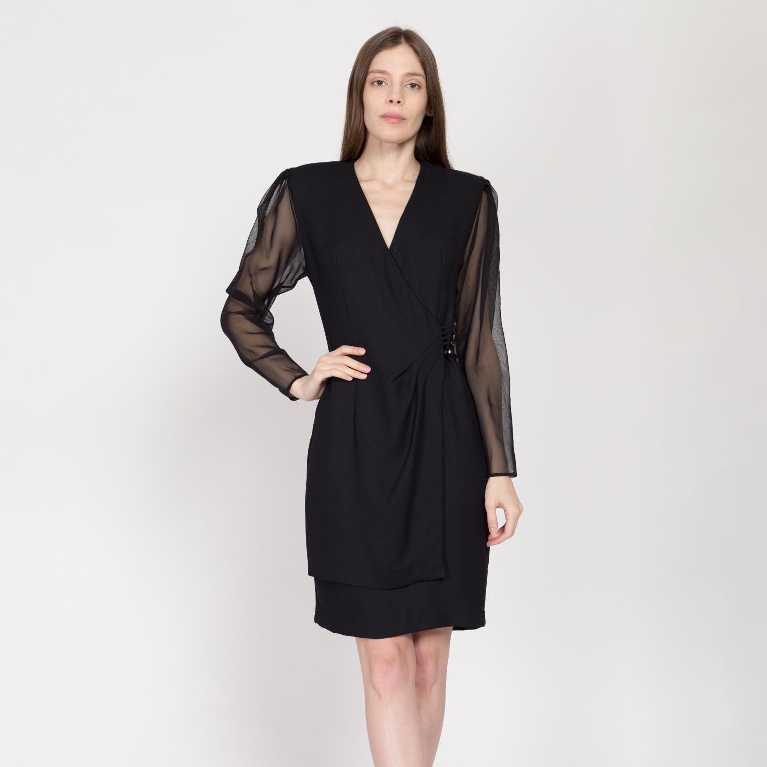 Medium 80s Black Sheer Sleeve Secretary Wrap Dress | Vintage