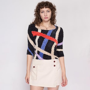 One Size Y2K Abstract Striped Popcorn Shirt | Vintage Stretchy Bubble Geometric Cropped 3/4 Sleeve Top