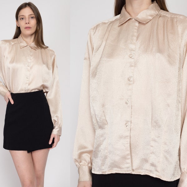 Round Neck Long Balloon Sleeve Smocking Satin Top