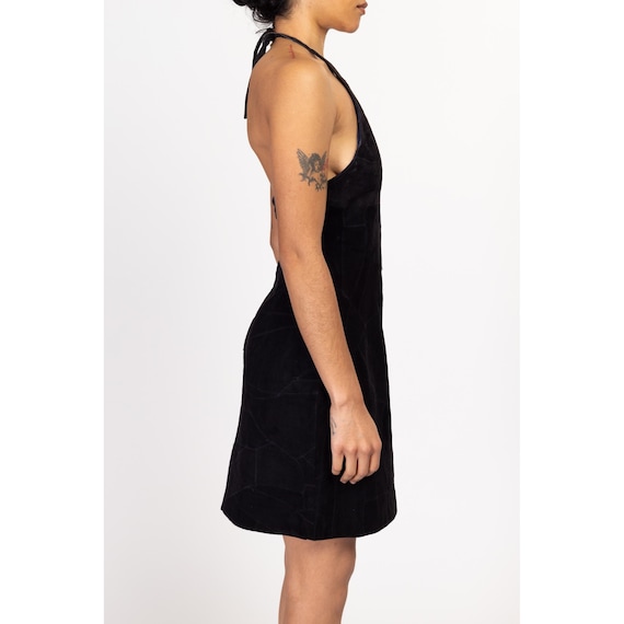 Medium 90s Black Suede Patchwork Halter Mini Dres… - image 3