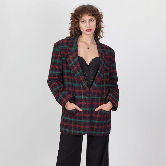 Large 80s Black Windowpane Plaid Tweed Longline Blazer Vintage Oversize Button up Notched Collar Jacket Etsy UK