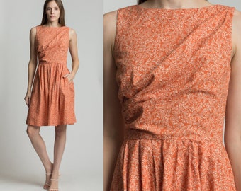 70s Orange Floral Mini Dress Small | Vintage A Line Boho Draped Sleeveless Pocket Dress