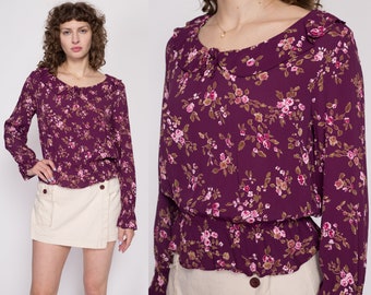 Medium 90s Y2K Boho Purple Floral Blouse | Vintage Ruffle Collar Long Sleeve Crop Top