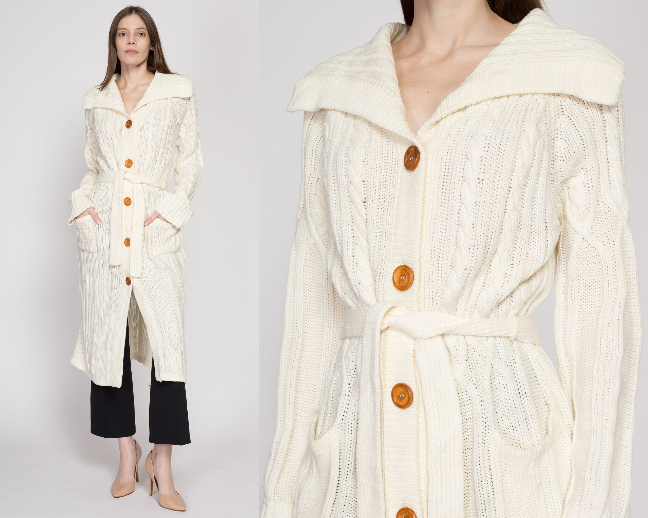 Large 70s White Cable Knit Long Belted Cardigan | Vintage