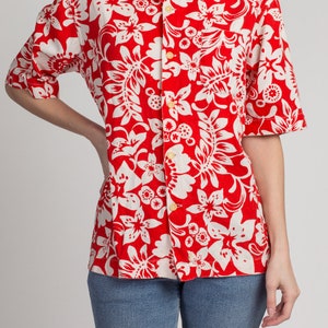 Large 60s 70s Hawaiian Floral Tiki Top Men's Vintage Red & White Button Up Aloha Shirt image 3