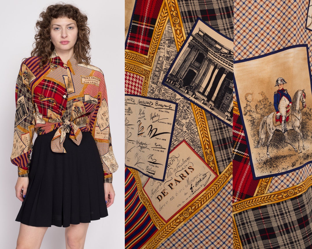Small 90s Napoleon Bonaparte French Novelty Print Silk Blouse Vintage ...
