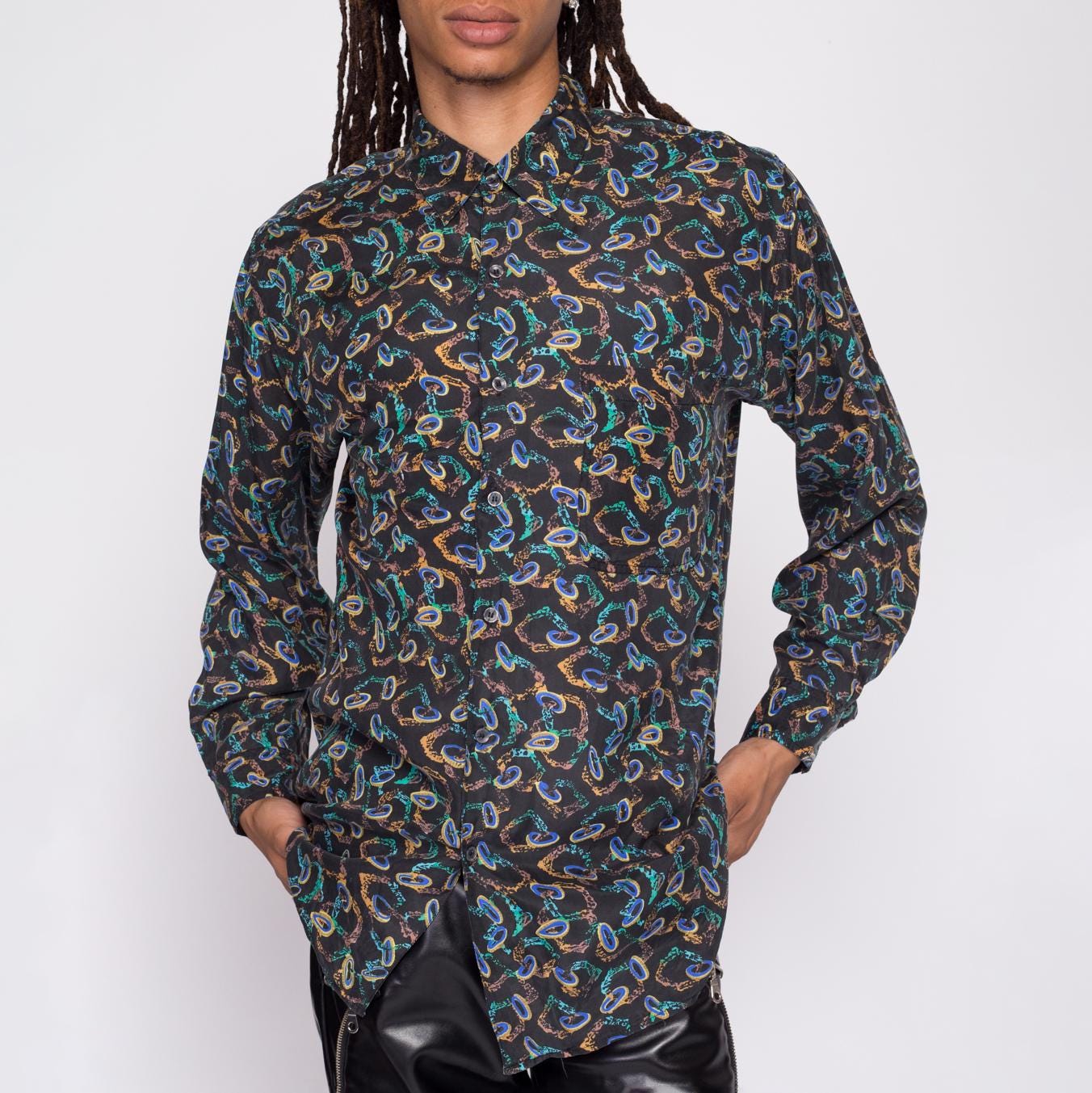90s Silk Abstract Chain Print Shirt Men's Medium | Vintage 90s Silk Abstract Chain Print Shirt Men's Medium | Vintage