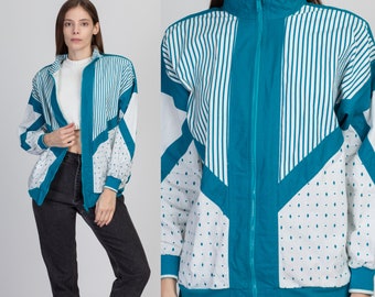 80s Teal Striped Windbreaker Medium | Vintage Zip Up Color Block Streetwear Geometric Jacket