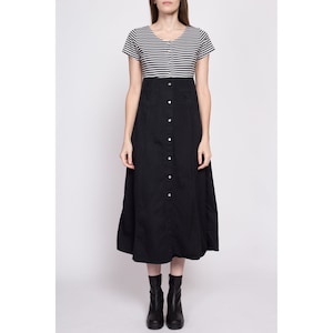 Small 90s Grunge Two Tone Striped Midi Dress Vintage Button Front A Line Black & White Pocket Dress image 2