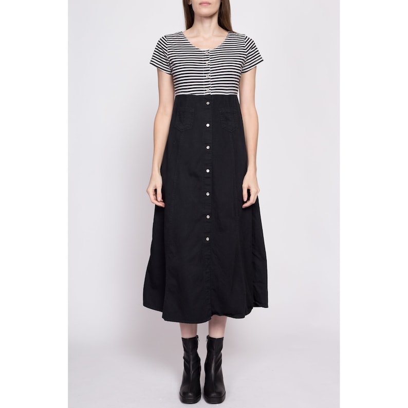 Small 90s Grunge Two Tone Striped Midi Dress Vintage Button Front A Line Black & White Pocket Dress image 2