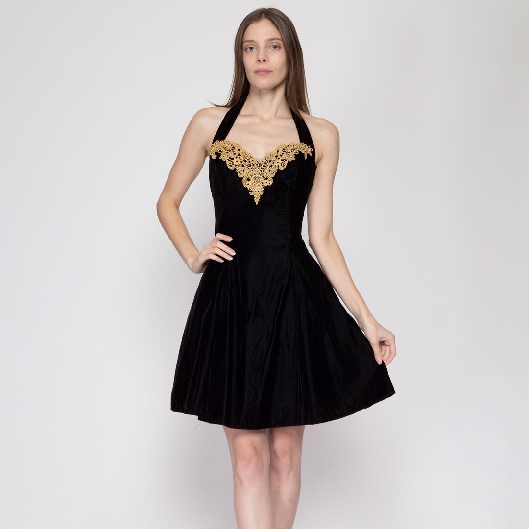 Medium 80s Black Velvet Halter Party Dress | Vintage Fit & Flare Gold ...
