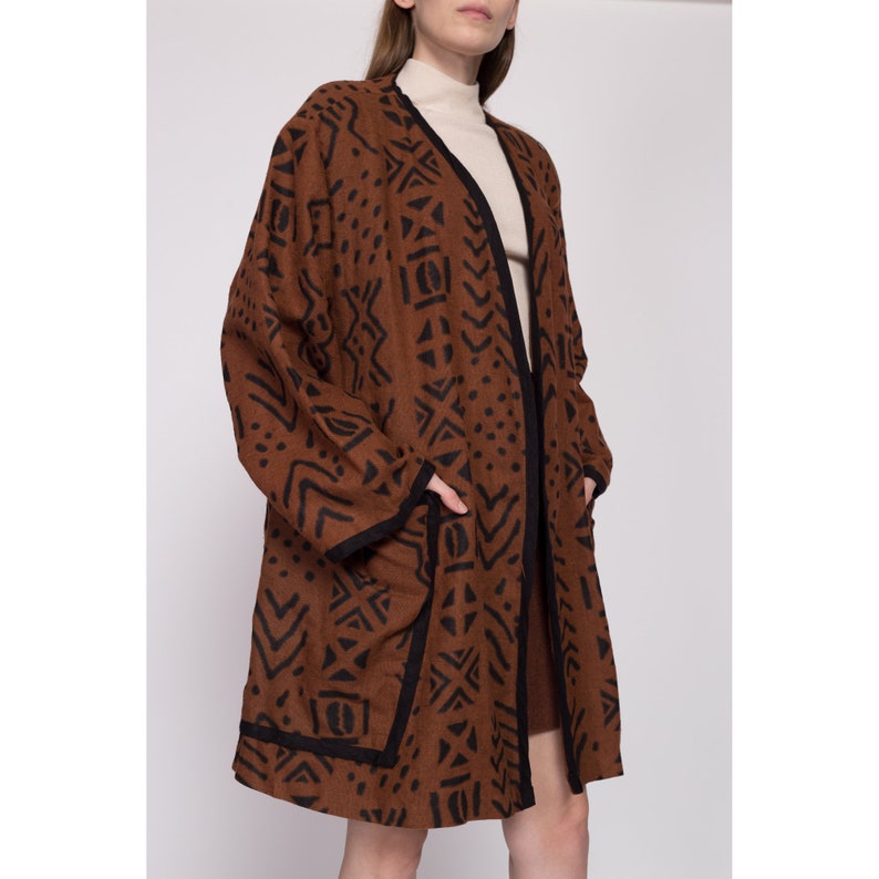 One Size 80s Boho Brown Linen Open Fit Jacket Vintage Fixsun Tribal Print Lightweight Coat image 3